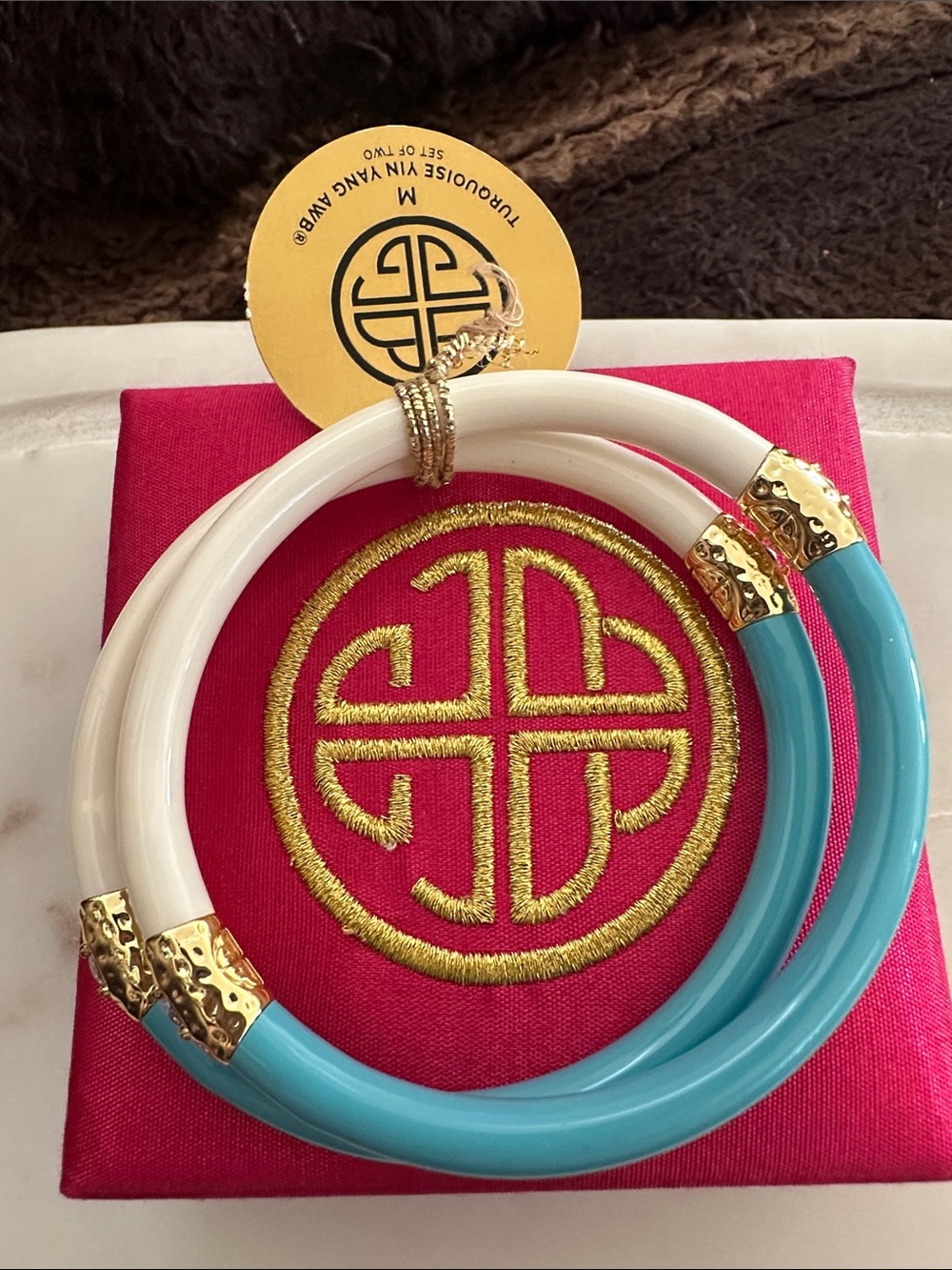 BuDhaGirl Two-Tone White and Teal Stackable Bangle Bracelet with Gold Accents